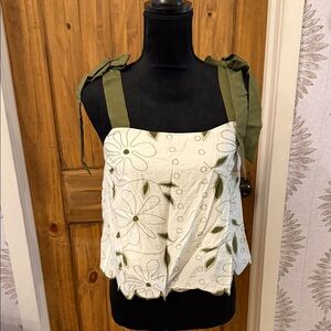 Blu Pepper White Floral Eyelet Camisole with Olive Tie Straps